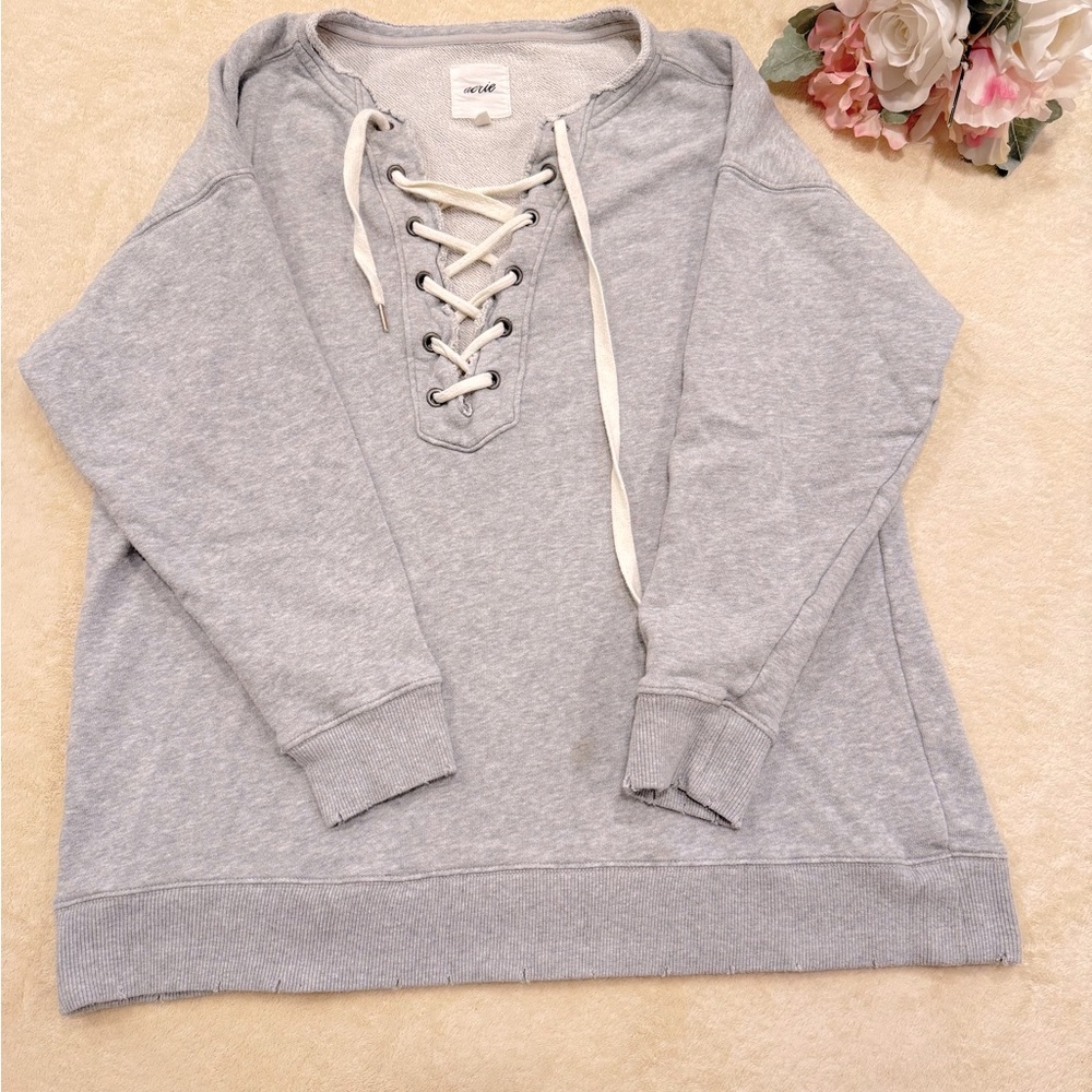 Aerie Gray Lace-Up Hoodie Relaxed Fit